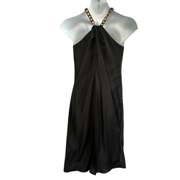Jason Wu Black Silky Satin Tortoiseshell Chain Strap Halter Neck Midi Dress Sz M - Picture 2 of 11